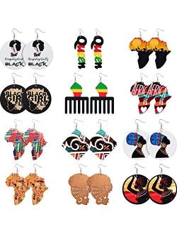 12 Pairs African Map Wooden Earrings African Women Dangle Earrings Natural Ethnic Earrings (Ethnic Queen Styles)