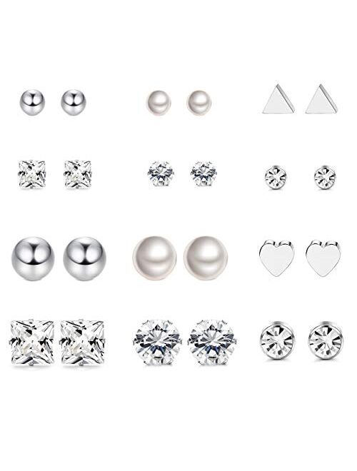 LOYALLOOK 12 Pairs Stainless Steel Earrings Stud Earrings Set for Womens Round Clear CZ Stud