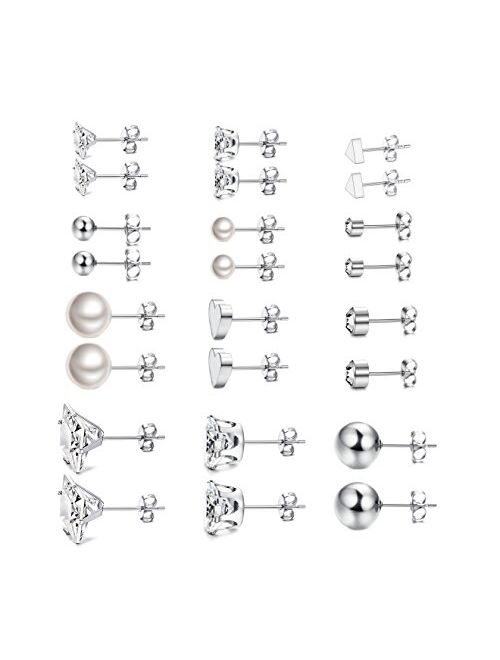 LOYALLOOK 12 Pairs Stainless Steel Earrings Stud Earrings Set for Womens Round Clear CZ Stud