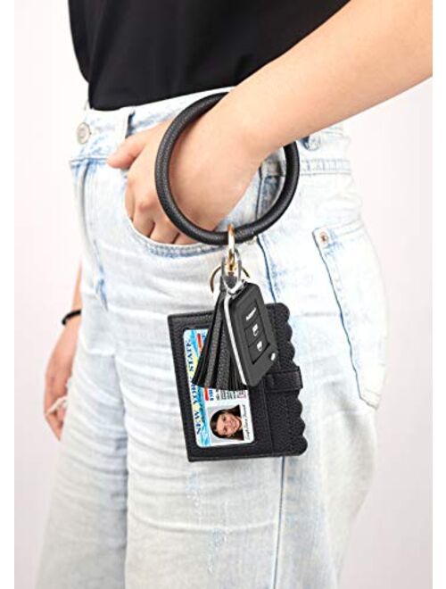 KraftyChix Wristlet Bracelet Keychain Wallet, ID Card Holder Purse with PU Leather Tassel Bangle Key Ring for Women Girls