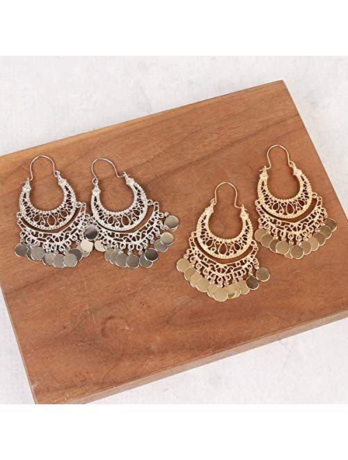 RIAH FASHION Bohemian Chandelier Coin Dangle Earrings - Gypsy Lightweight Filigree Disc Charm Tassel Ethnic Hoops