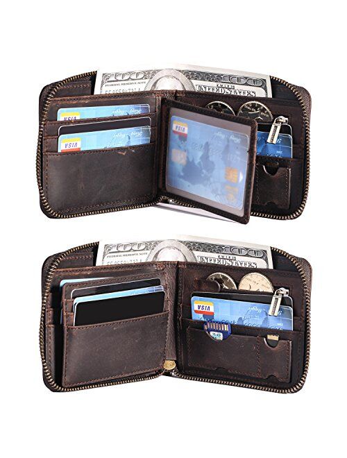 RFID Men's Leather Zipper wallet Zip Around Wallet Bifold Multi Card Holder Purse