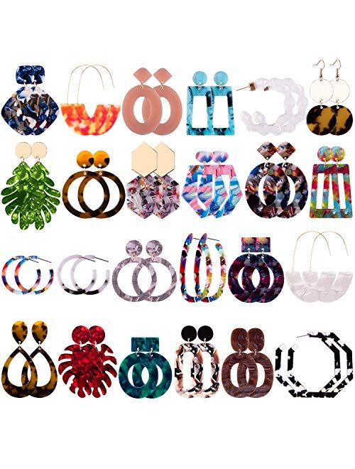Duufin 24 Pairs Mottled Acrylic Earrings Resin Drop Dangle Earring Hoop Statement Earrings Polygonal Bohemian Fashion Jewelry Earrings for Women Girls