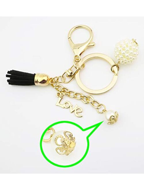 Key Chain Accessories for Women - Faux Fur Ball Charm and Artificial Pearl with Key Ring
