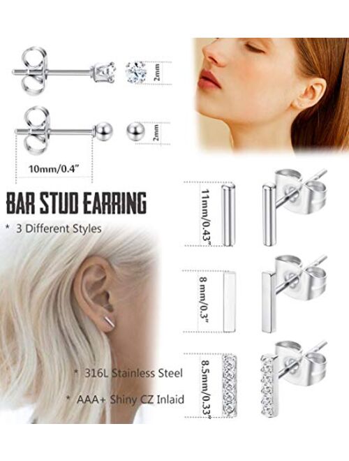 FIBO STEEL 9 Pairs Stainless Steel Star Moon Stud Earrings for Women Cute Bar CZ Stud Earring Set