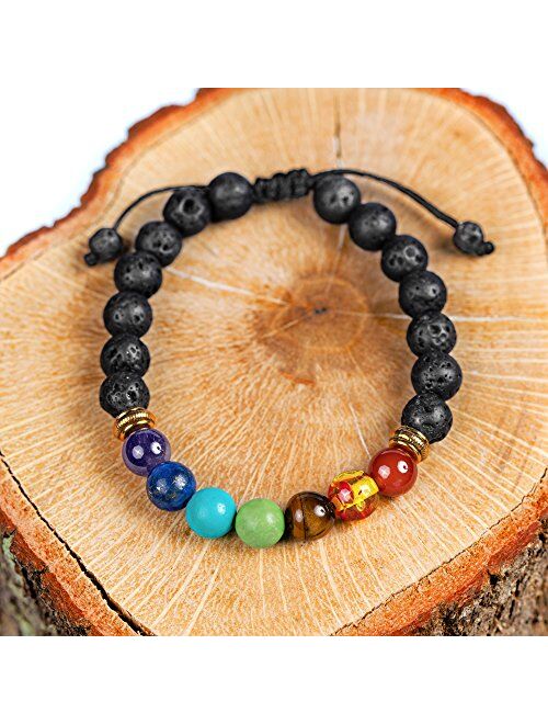7 Chakra Healing Bracelet with Real Stones, Volcanic Lava, Mala Meditation Bracelet - Men's and Women's Jewelry - Wrap, Stretch, Charm Bracelets - Protection, Energy, Hea