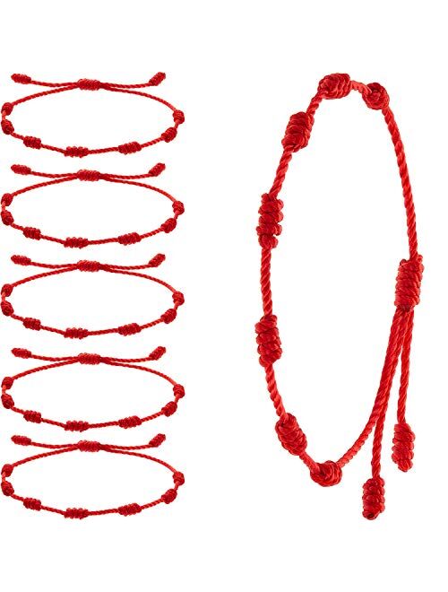 WILLBOND 6 Pieces Red Bracelet Red Cord Bracelet Adjustable Kabbalah Red Knot String Bracelet Amulet for Protection, Evil Eye and Good Luck (7 Knots Style)