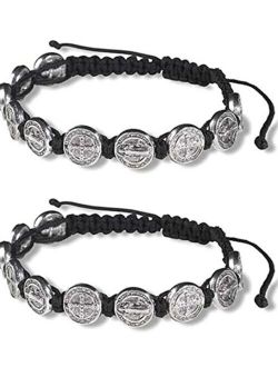 CB Silver Tone Saint Benedict Medal on Adjustable Black Cord Wrist Bracelet, 8 Inch