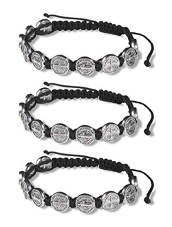 CB Silver Tone Saint Benedict Medal on Adjustable Black Cord Wrist Bracelet, 8 Inch