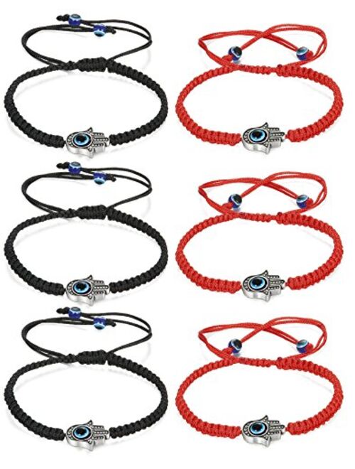 LOYALLOOK 6pcs Braided String Kabbalah Bracelets Rotating Evil Eye Hamsa Hand for Protection Bracelet Red/Black String