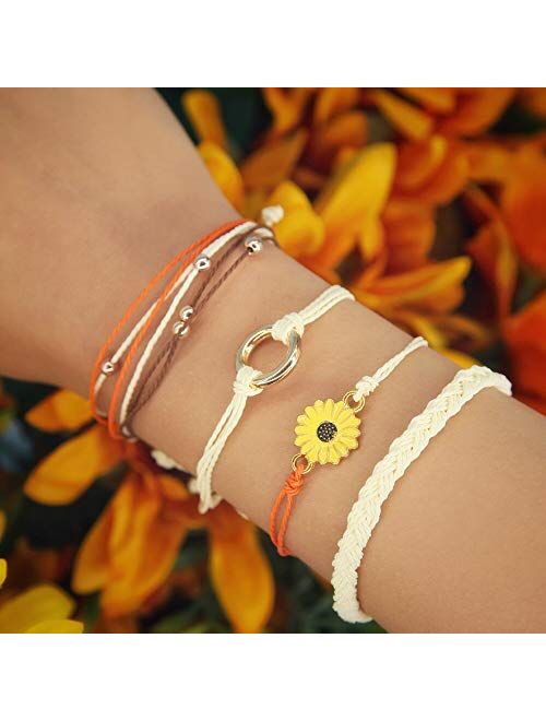 FANCY SHINY Sunflower String Bracelet Handmade Braided Rope Charms Boho Surfer Bracelet for Teen Girls Women