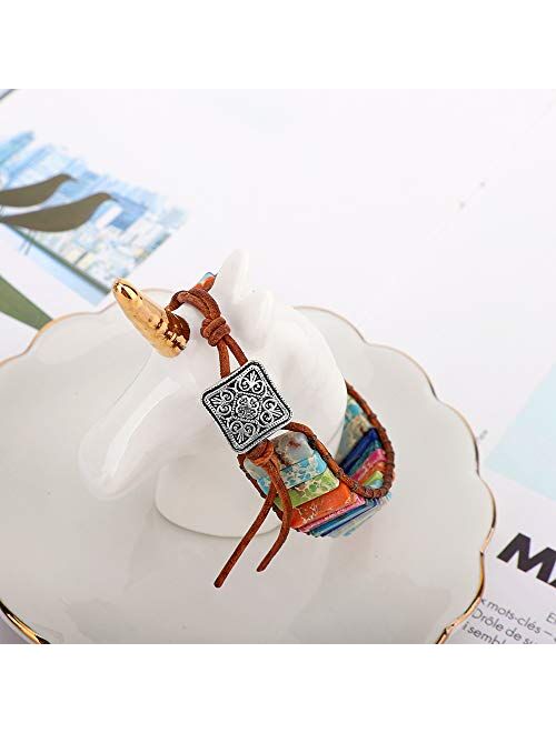 Emibele Layered Leather Bracelet, Rivet Leopard Print Bohemian Style Multilayer Wrap Bracelet, Handmade Agate Chakra Crystal Glass Beaded Shell Bracelet for Women