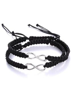 RINHOO 2PC/Set Stainless Steel 8 Infinity Couple Bracelet Braided Leather Rope Bangle Wrist Adjustable Chain Fit 7-9 Inch for Lover Friendship