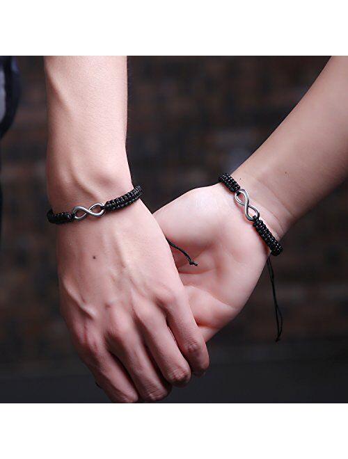RINHOO 2PC/Set Stainless Steel 8 Infinity Couple Bracelet Braided Leather Rope Bangle Wrist Adjustable Chain Fit 7-9 Inch for Lover Friendship