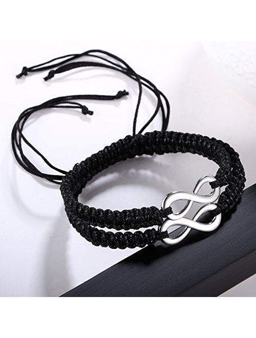 RINHOO 2PC/Set Stainless Steel 8 Infinity Couple Bracelet Braided Leather Rope Bangle Wrist Adjustable Chain Fit 7-9 Inch for Lover Friendship