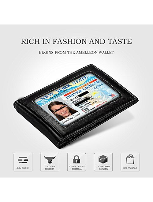 Mens Leather Bifold RFID Money Clip Wallet, Front Pocket Wallet with Money Clip