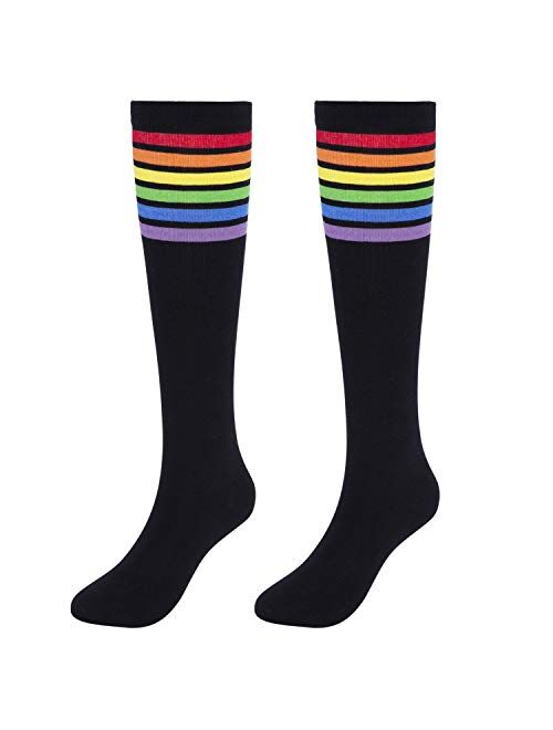 KONY Women's Cotton Colorful Striped Rainbow Knee High Socks 1/3 Pairs, Comfortable Stay Up Best Gift Size 6-10