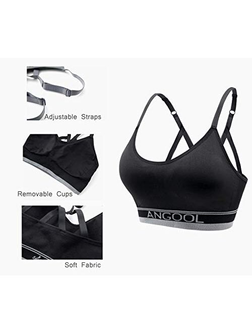 ANGOOL Women's Strappy Sports Bra with Adjustable Straps - Medium Support Longline Wirefree Activewear Bra