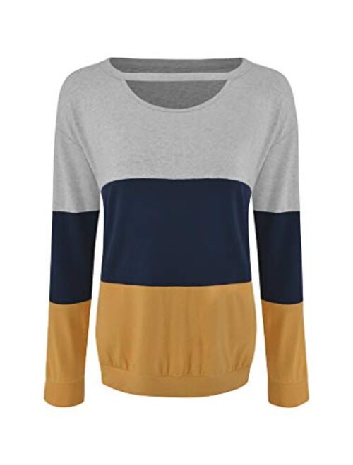 Minclouse Women's Color Block Long Sleeves Tunic Cutout Choker Tops Crew Neck Casual Loose Blouses Cute Sweatshirts