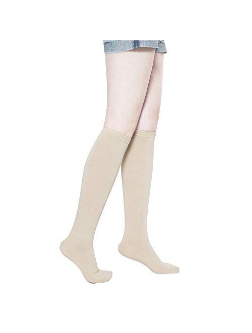 KONY Women's Cotton Knee High Socks - Casual Solid & Triple Stripe Colors Fashion Socks 3 Pairs (Womens Shoe Size 5-9)