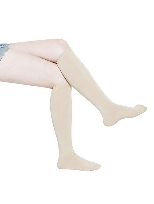 KONY Women's Cotton Knee High Socks - Casual Solid & Triple Stripe Colors Fashion Socks 3 Pairs (Womens Shoe Size 5-9)