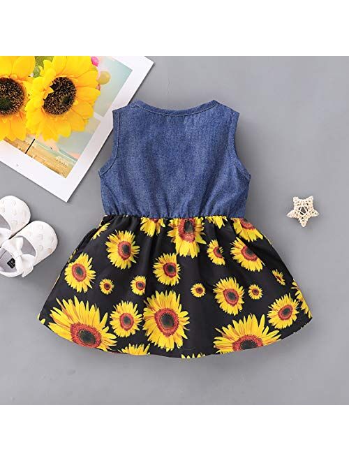 Kucnuzki Toddler Girl Outfits Baby Sunflower Princess Dresses Denim Summer Sleeveless Clothes Jean Tutu Skirts for Girls