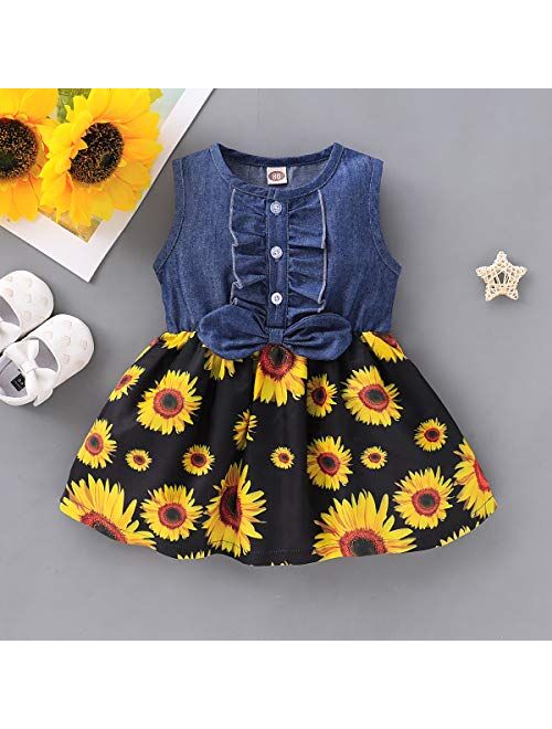 Kucnuzki Toddler Girl Outfits Baby Sunflower Princess Dresses Denim Summer Sleeveless Clothes Jean Tutu Skirts for Girls