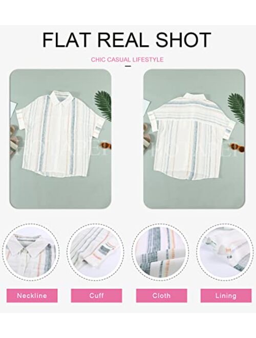 HOTAPEI Womens Summer Blouses Casual V Neck Stripe Short Sleeve Button Down Shirts Tops