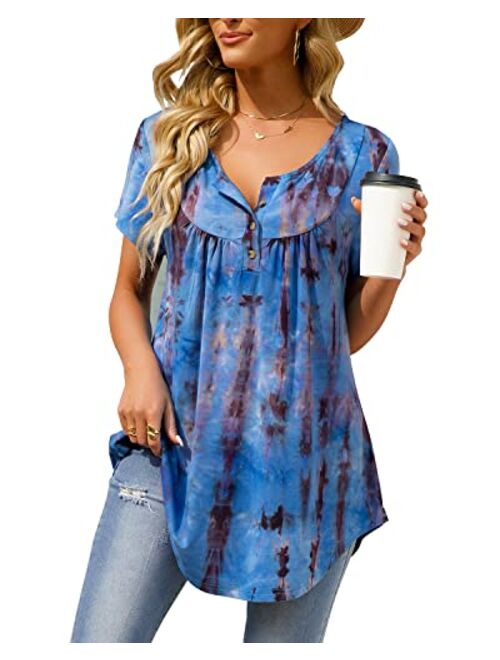AMCLOS Womens Tie-Dye Tops V Neck Soft T-Shirts Flowy Tunic Button up Casual Blouses Summer Short Sleeve