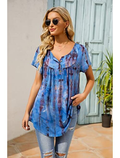 AMCLOS Womens Tie-Dye Tops V Neck Soft T-Shirts Flowy Tunic Button up Casual Blouses Summer Short Sleeve