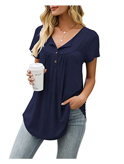 AMCLOS Womens Tie-Dye Tops V Neck Soft T-Shirts Flowy Pleats Tunic Button up Casual Blouses Summer Short Sleeve
