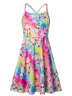 Loveternal Girls Summer Spaghetti Strap Casual Above Knee Cami Dress Colorful Retro Twirl Swing Dresses Size 4-13