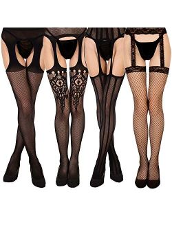5 Pairs Womens Fishnet Tights Thigh High Fishnet Stockings Suspender Pantyhose