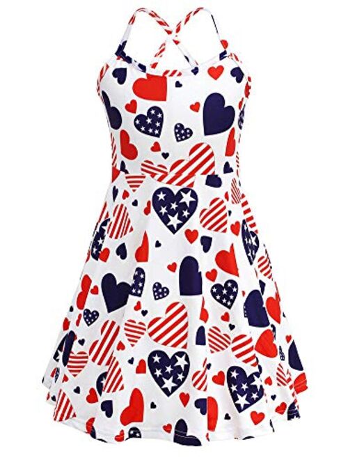 Girls Summer Cami Dress Unicorn Spaghetti Strap Dresses Patriotic 4th of July American Flag Dresses
