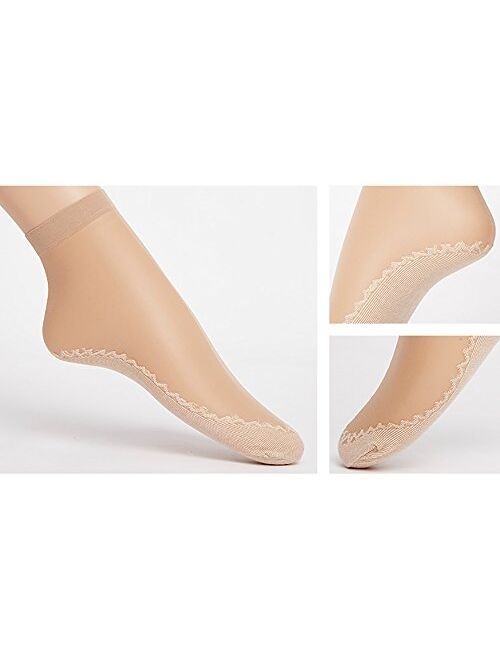 Ueither Women's 12 Pairs Silky Anti-Slip Cotton Sole Sheer Ankle High Tights Hosiery Socks Reinforced Toe