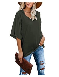 cordat Women's Blouse Tops Loose V Neck 3/4 Bell Sleeve Shirt