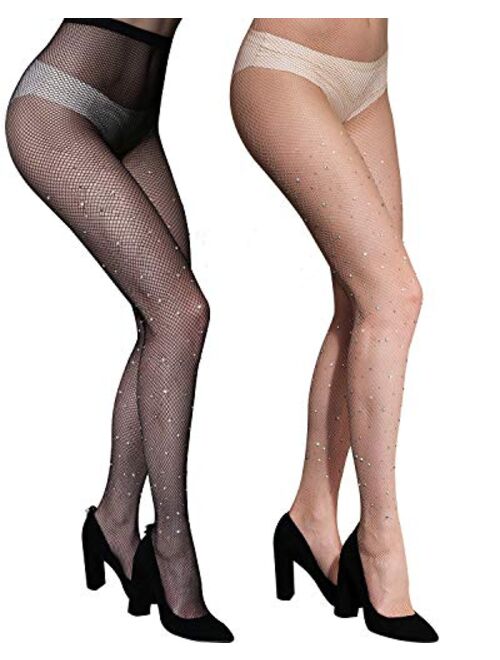 CHRLEISURE Women's Sparkle Rhinestone Fishnets Sexy Tights High Waist Stockings