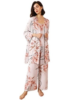 Women's Sleepwear 3Pieces Leaf Print Cami and Pants Pajama Set with Robe