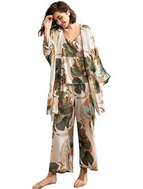 WDIRARA Women's Sleepwear 3Pieces Leaf Print Cami and Pants Pajama Set with Robe