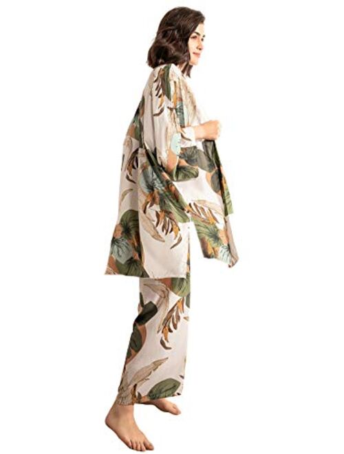 WDIRARA Women's Sleepwear 3Pieces Leaf Print Cami and Pants Pajama Set with Robe