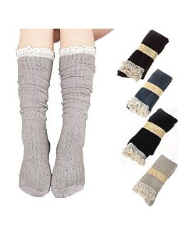 4 Pack Women Cotton Knit Boot Socks Knee High Socks Stockings with Lace Trim, Free size, Beige Black Coffee Green