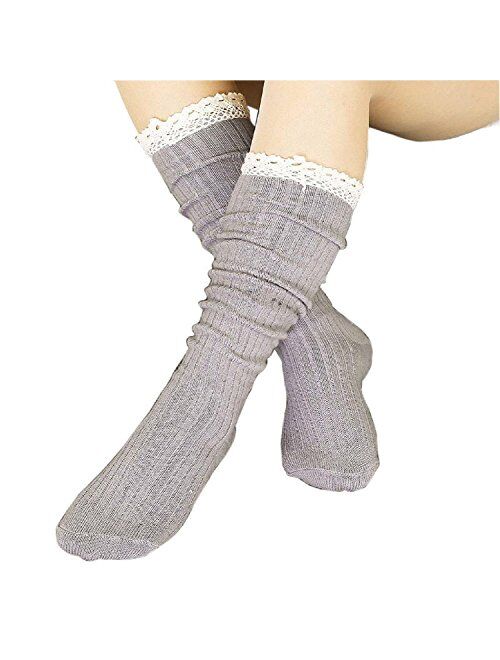 4 Pack Women Cotton Knit Boot Socks Knee High Socks Stockings with Lace Trim, Free size, Beige Black Coffee Green