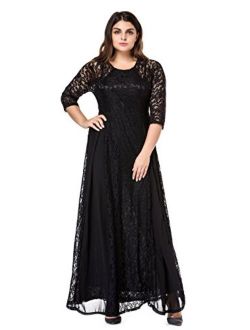 ESPRLIA Women's Plus Size Floral Lace 3/4 Sleeve Wedding Maxi Dress