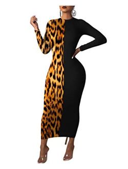 Rela Bota Women's High Neck Long Sleeve Striped Tunic Bodycon Long Maxi Pencil Dress