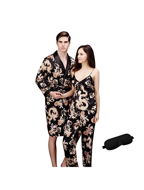 IDORIC Women/Men Pajama Sets 3Pieces Silk Sleepwear Sets Cami Nightwear PJS Set with Matching Eye Mask Gift