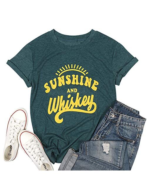MNLYBABY Sunshine and Whiskey Short Sleeve T-Shirt Women Beach Funny Letters Print Summer Tops Tees