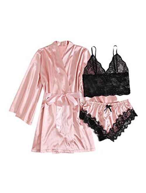 WDIRARA Women's 3Pieces Lace Satin Lingerie Set Bra with Panty and Belt Robe