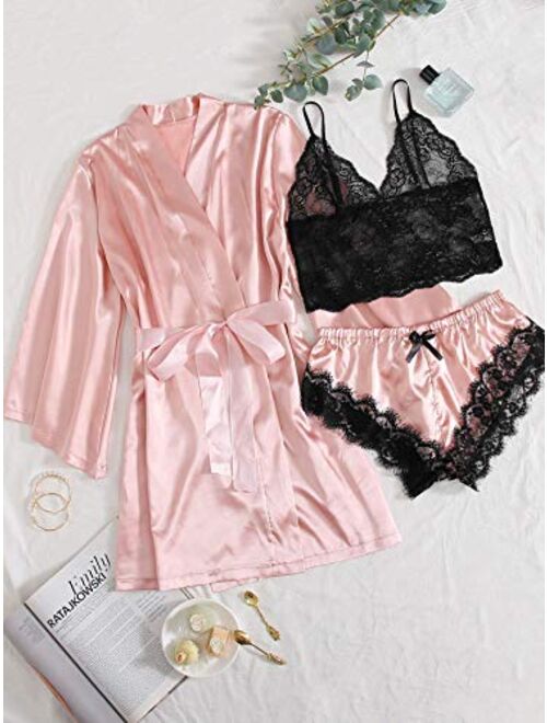 WDIRARA Women's 3Pieces Lace Satin Lingerie Set Bra with Panty and Belt Robe