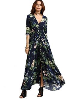 Women's Button Up Split Floral Print Flowy Lady Maxi Dress Green