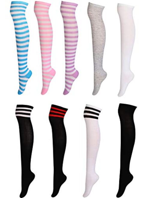 FIBO STEEL 6-9 Pairs Long Thigh High Socks for Women Striped Knee High Leg Warmers